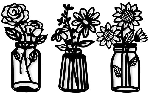3 Stück Blume Wanddekoration,Metall Blume Wanddekor,Minimalistische Vase Wandkunst Schwarze Sonnenblume Rosen Gänseblümchen Eisen Dekor,Blumen Wandskulptur für Badezimmer Wohnzimmer Zuhause Küche