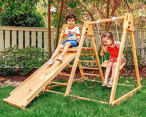 Avenlur 4-in-1 Juniper Outdoor Play Gym - Jungle Gym Playset with Baby Swing, Slide, Ladder, and Climbing Wall - Foldable Wooden Playset - Outdoor Jungle Gym for Kids Ages 18mo to 6yrs