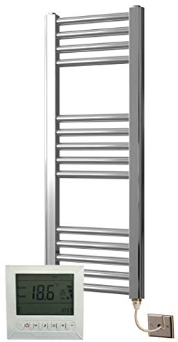 Greened House Extra High Heat Output Chrome Electric Flat Towel Rail 300 x 800mm Bathroom Radiator Heater Up to 26% More Heat Output + Timer and Thermostat