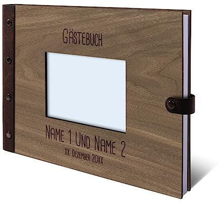 Personalisiertes Hochzeit Gästebuch echtes Holz DIN A4 mit Platz für Foto auf der ersten Seite - Rechteck - mit 72 Blatt / 144 Seiten Naturpapier Weiß
