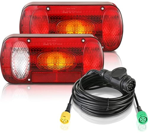 MAMIZO Jeu de Feux Arriere Remorque, Feu de Remorque Feux Arrière 13 broches, Feu Remorque pour éclairage 12V, avec 6 Fonctions/Jeu de Câbles de 5,5m*2/Homologué E