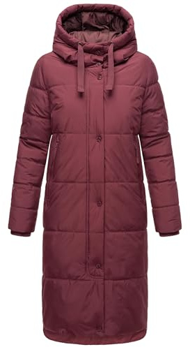 MARIKOO Cappotto invernale da donna, caldo, trapuntato, lungo, con cappuccio, Soranaa, XS-XXL, vino, S