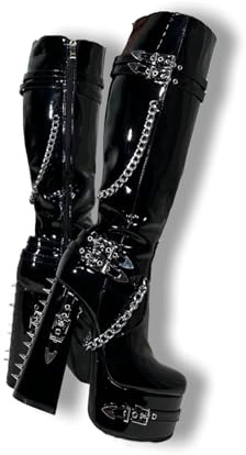 Frankie Hsu Goth Sexy Chunky Plateau-Stiefel, kniehohe Absätze, schwarze Lack-Silberkette, Nieten, Gothic, Punk, Y2K, Hot Girl, große Größe, breite Wade, lange Schuhe für Damen und Herren, Schwarz, 48