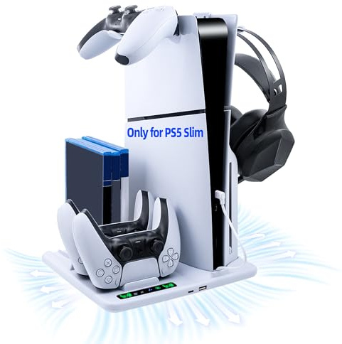 Tolesum Supporto di Ricarica Solo per PS5 Slim, Stazione per Doppi Controller con Gancio per Cuffie, Stazione di Raffreddamento per Playstation 5 Slim Disc/Digital Edition con 6 slot per dischi gioco