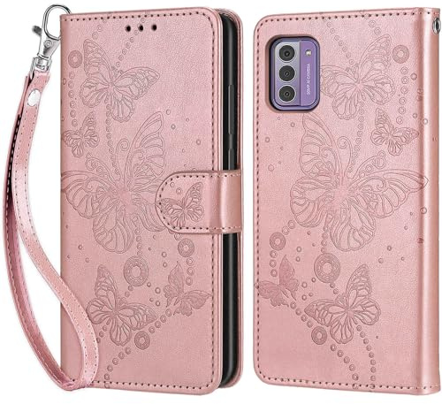 Handyhülle für Nokia G42 5G Hülle, Nokia G310 5G Hülle, Premium Leder Flip Klappbare Stoßfeste Magnetische [Standfunktion] [Kartenfächern] Schutzhülle Tasche - Roségold Schmetterling