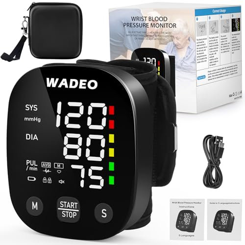 WADEO Wrist Blood Pressure Monitor, [Voice Broadcast] [Extra Large Cuff] [198 Memory], Large LED Screen, Easy to Use, Ideal for The Elderly, Parents (Black)