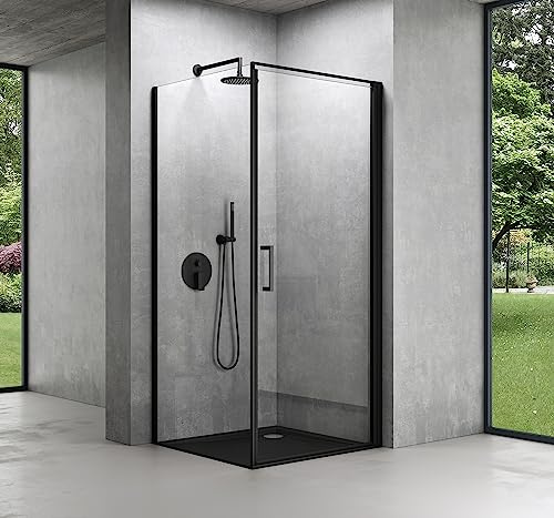 Mai & Mai Duschkabine Eckeinstieg Schwarz 75x90x195 cm mit Drehtür | Duschabtrennung mit Hebe-Senk-Mechanismus 8mm ESG-Sicherheitsglas Nano-Beschichtung Klarglas Rav36-Plus