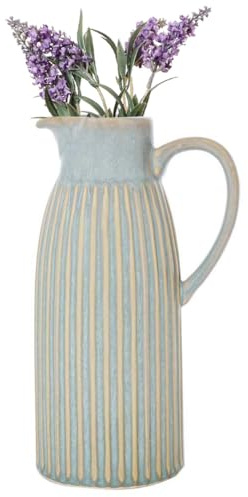 Pitcher Jug Vase Blue Ribbed Flower Vase Glazed Ceramic Jug (Large) | Ceramic Vase, Pitcher Jug, Jug Vase, Ceramic Jug, Centrepiece, Flower Vase, Flower Jug, Blue, Glazed, Embossed