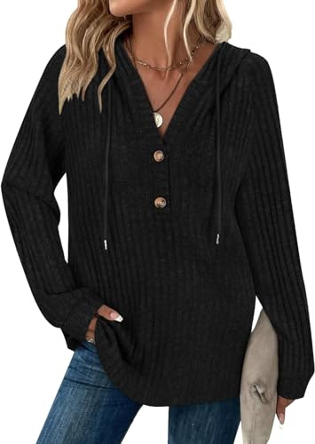 Syphiby Long Sleeve Tops for Women UK Ladies Jumpers Button V Neck Long Sleeve Shirts Lightweight Hoodie Sweatshirt with Drawstring Loose Winter Warm Tops Black