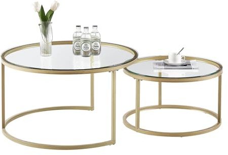 buybyroom Living Room End Table Set of 2 Nest of Coffee Tables with Metal Bases and Glass Tabletops, Side Table for Office Balcony Bedroom Gold