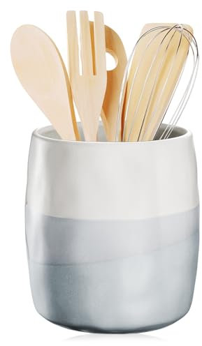 Küchenutensilienhalter Keramik Groß, 13,4 X14,5 cm Utensilienhalter Küche für Kochlöffel und Zubehör, Minimalistischer Stil Utensilienhalter Küchenutensilien Aufbewahrung für Arbeitsplatte, Weiß