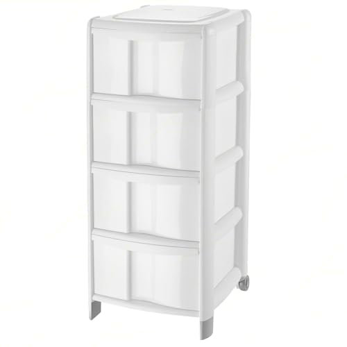 Sicignano | Cassettiera a 4 Cassetti con Piedini e Ruote, Polipropilene, Linea Bambù - Design Moderno, Ideale per Casa e Ufficio - 38.5x39.5x86h cm, Colore Bianco, Made in Italy