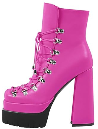 MissHeel Ankle Boots Double Platform Chunky High Heels Lace up side Zippers Square Toe Platform Booty