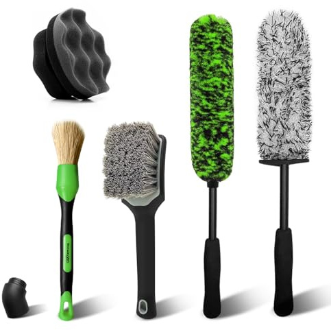 YeewayVeh 5PCS Pro Wheel Detailing Kit, 360° Bendable Rim Brush, Green | Boars Hair & Tire Shine Applicator, Scratch-Free Microfiber Set for Wheels, Tires, Black/White