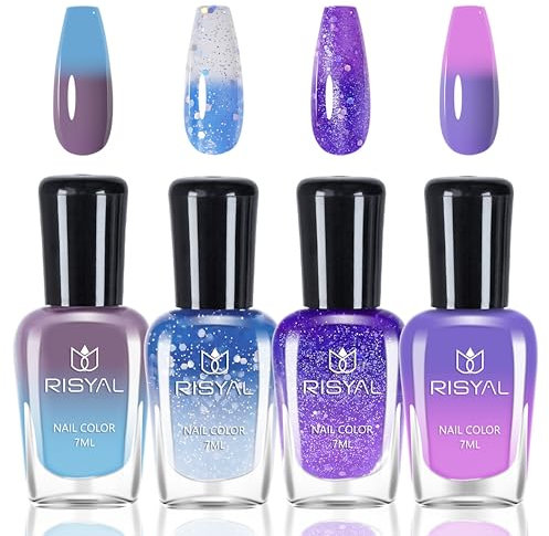 4 Farben Temperaturgesteuerter Farbwechsel Nagellack Set - Farbwechselnder Nagellack, Kein UV-Licht erforderlich Für Frauen & Mädchen Maniküre DIY Nageldesigns, Rosa/Violett/Blau/Grau (Colorful B)