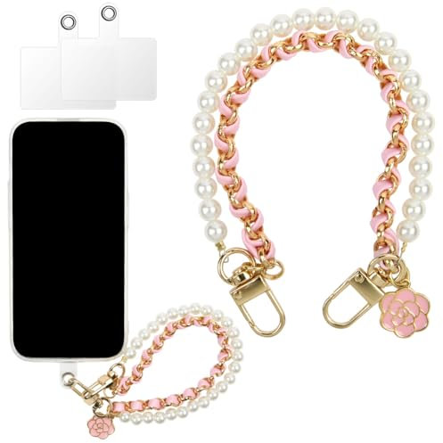 OFFCUP Handy-Armband, Handy Perlen Schlüsselband mit 2 Handy Patch, Handykette Perlen Leder Doppelkette Handyanhänger, Handy-Charm, Handy Lanyard, Handykette Handyband Handschlaufe