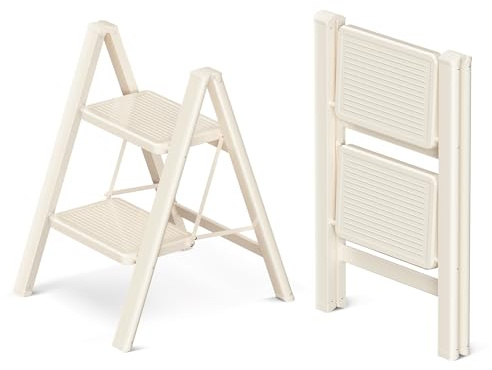 GameGem Escabeau à 2 marches pour adultes, escabeau pliable avec pied sécurisé, pédale élargie, aspect esthétique, se fond directement dans les pièces domestiques, blanc crème