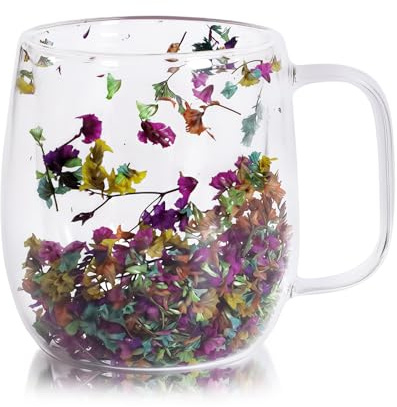Richaa Fiori secchi Bicchieri a doppia parete con manico 250ml Latte Macchiato Bicchieri Cappuccino Tazze Caffè Mug Regali Originali Coffee Glasses