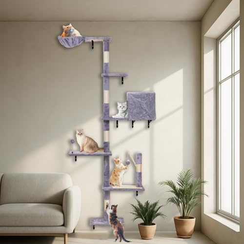 groß kratzbaum deckenhoch, katzenbaum deckenspanner, kletterwand Katzen, kratzbaum wandmontage 6 Etagen, mit 5 Kratzsäulen, Hängematte, Höhle, ​Breites Bett, Ball, Kratzbrett (Violett Grau)