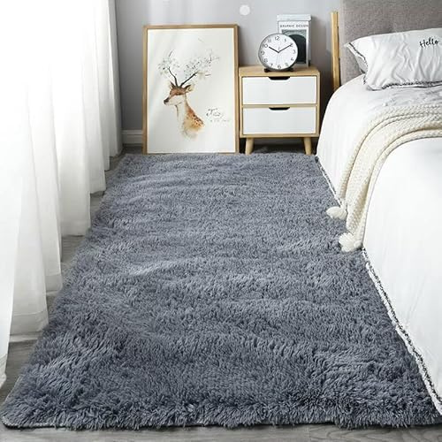 Homesally Shaggy Hochflor Teppich Flauschig rutschfest Waschbar Moderne Deko Teppich für Schlafzimmer, Wohnzimmer,Grau,60cm×200cm
