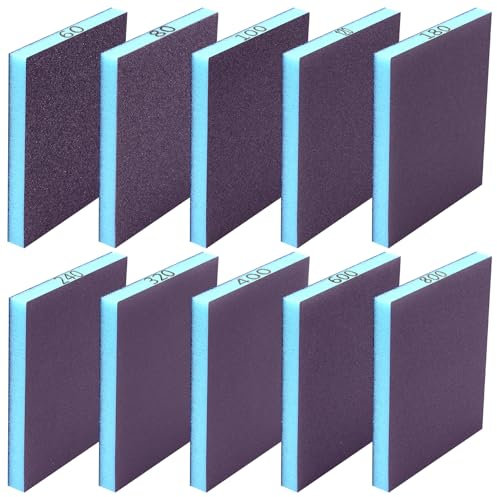Sanding Sponge 10PCS, Sanding Block with Grits 60/80/100/120/180/240/320/400/600/800 Sanding Pads, Wet and Dry Sandpaper Pack for Wood Walls Metal, Washable and Reusable Sand Paper Pack