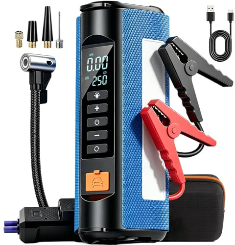 Jump Starter with Air Compressor,2500A car battery Jump starter,12V car booster jumper cable kit,Car Charger 150PSI portable tire inflator,battery charger,multi-function LED outdoor emergency lighting