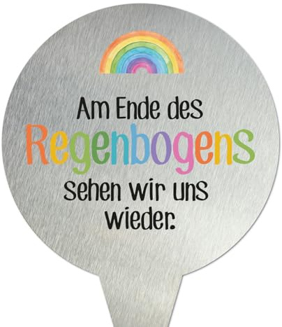 younikat Edelstahl Grabschmuck Regenbogen rund 16 cm - you0075 | Grabdekoration mit Spruch, Grabstecker Rund, Grab Deko - Am Ende des Regenbogens sehen wir uns wieder