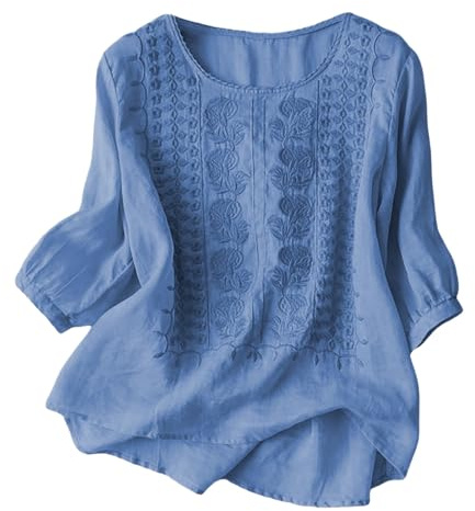 Womens Tops Size 16 Linen Bohemian Style Embroidered Top Summer Peasant Blouses 3/4 Sleeve Round Neck Lightweight Fashion T-Shirts Office Work Casual Blouse Holiday Beach Wear,Ladies White Tops