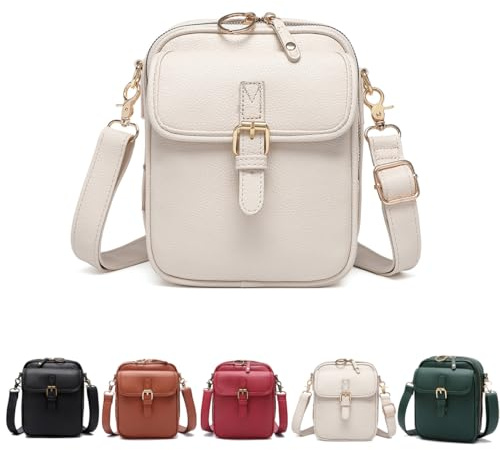 Aodejoy Vintage Damen Umhängetasche aus Leder,Retro Handy Crossbody Bag zum Umhängen,Geldbörsen,Klein Reisen Taschen Diebstahlsichere Tasche mit Breitem Schultergurt,3 fächern,10 Kartenschlitz-Weiß