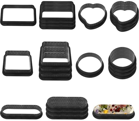 Keboyoe 20pcs Cercle a Tarte Perforé en Plastique pour Dessert,Gâteaux | Moules à Gâteaux Ronds Ovales Carré Rectangulaire Coeur,Anneau à Tarte de Pâtisserie de Pâtisserie,Perforées Moule Tartelette