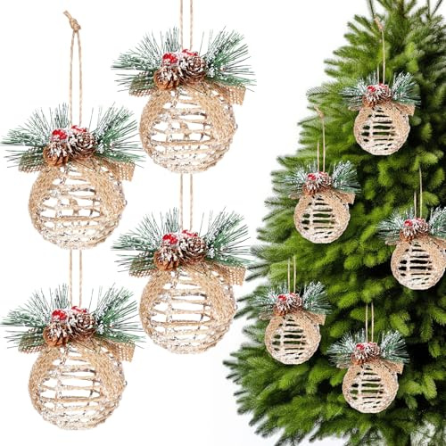 Gemscream 4 Pcs Farmhouse Christmas Ball Ornaments 3.15 Inch Rustic Boho Xmas Tree Hanging Decor with Pine Cones, Pine Needles, Berries and Burlap Bows Linen Shatterproof for Holiday Home Party Decor