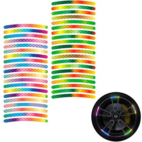 REKUA 40pcs Reflective Stickers, Wheel Rim Decals, PVC Safety Warning Tape Strips, Multicolor Rainbow Pattern, Waterproof Motorcycle Stickers & Bike Reflectors for Night