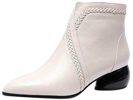 Women’s White Pointed Toe Ankle Boots with Block Heel, Side Zip Western Booties, Low Heel Dress Boots for Women, Stitched Trim Detail, Sleek Design, Comfortable Fit, Non-slip Sole