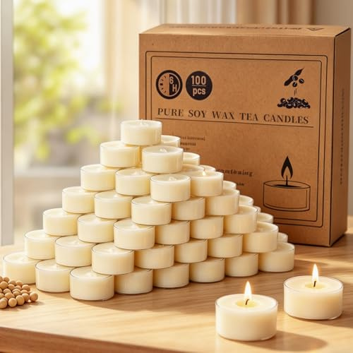 UGBEM 100 Stück Sojawachs Teelichter, 6 Stunden Duftfrei Tealights | 100% Sojawachs paraffinfrei ungiftig, vegan, in durchsichtiger Tasse für Hochzeit, Party Dekorationen