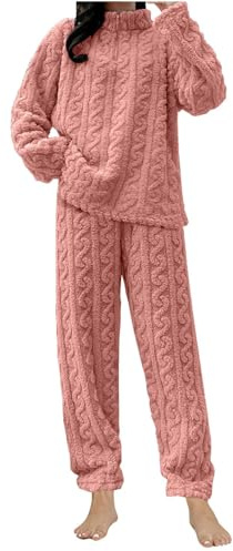 Kobilee Pigiama Donna Cotone Lungo Pile Set Caldo Pigiami Felpato Due Pezzi Abbigliamento da Casa Morbido Manica Lunga Pantalone Lungo Indumenti da Notte Lounge Sleepwear Rosa Taglia Unica