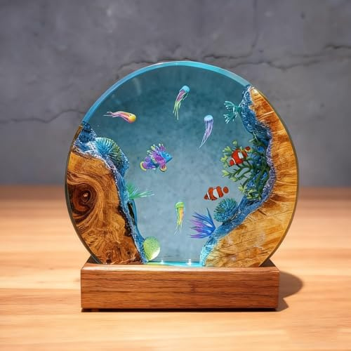 Drawelry Ocean Resin Lamp, Handmade Underwater Night Light Fish Coral Reef, Whale Shark Diorama with LED Crystal Lights Bedroom Desk Christmas Decor for Marine Lovers (Jellyfish)