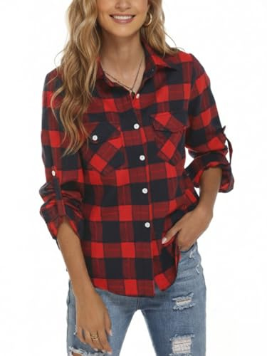 Famrrifuu Chemise a Carreaux Femme Classique Chemisier en Flanelle Bucheron Western Élégant Blouse 100% Coton Décontractée Shirt, Rouge Bleu, L