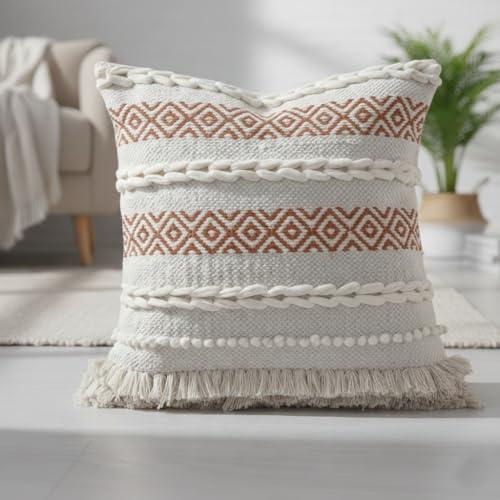 TreeWool Bohemia Funda de Cojín Decorativa de Algodón con Flecos y Bucles (45 x 45 cm, Óxido, Paquete de 1)