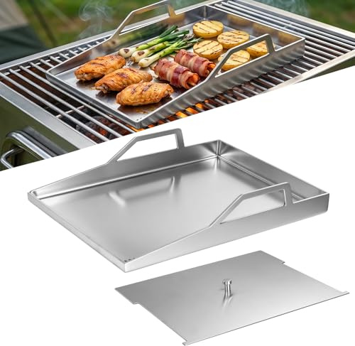 wowspeed Edelstahl Plancha Grillplatte 40x30 cm Grillplatte Gasgrill, Grillplatten zum Grillen mit Abdeckung, 4mm massiver Edelstahl Grill Plancha, Universal Grill Platte für Gasgrill und Kohlegrill