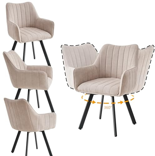 JZGORC 4er-Set Esszimmerstuhl mit Armlehnen, Leinenbezogene Küchenstühle, 360° Drehbare Metallbeine, Geeignet für Esszimmer, Küche und Wohnzimmer, Beige