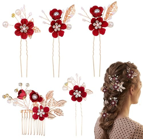 Braut Haarnadeln, Perle Blume Braut Haarkamm Burgunderrote Haaraccessoires mit Kristallperlen und Strasssteinen, Ideal für Brautfrisuren, Brautjungfern und Andere Festliche Anlässe.