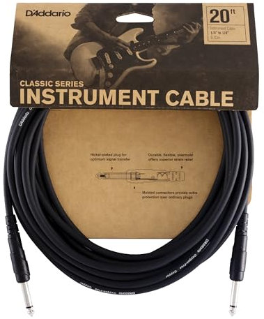 D’Addario Accessories Classic Series Guitar Cable - Instrument Cord with ¼ Inch Ends - Durable & Reliable - Bass or Guitar Cord - Straight End - 20 feet