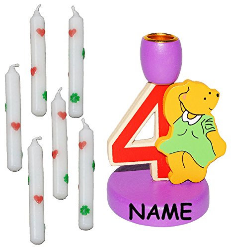 alles-meine.de GmbH Kerzenhalter - 4. Geburtstag - Teddy - aus Holz - incl. 6 Stück Kerzen + Name - Kerzenständer zum Aufstellen - Geburtstagszahl - Geburtstagskranz Kinderge..