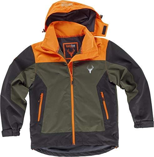 Work Team Chaqueta Caza y Pesca Impermeable combinada Tricolor. Cuello Alto y Capucha Desmontable con cordón elástico y Pieza Ajustable. Cubrecosturas Hombre Verde Caza+Naranja A.V.+Negro 3XL