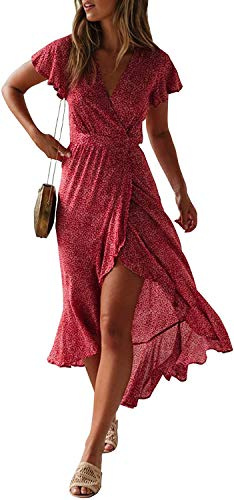 ZESICA Women's 2025 Bohemian Floral Printed Wrap V Neck Short Sleeve Split Beach Party Maxi Dress,Urban Redfloral,Medium