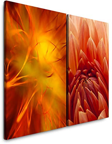 Paul Sinus Art Wandbild 2 teilig je 60x90cm Dahlie Orange Rot Blumenblüten Nahaufnahme Makro Fotokunst
