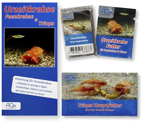 Triops longicaudatus Starterset ca. 100 Urzeitkrebs-Eier mit Futterset | Aufzuchtfutter, Hauptfutter, mit Anleitung, für Schlupf, Aufzucht und Beobachtung von Urzeitkrebsen, Triopszucht