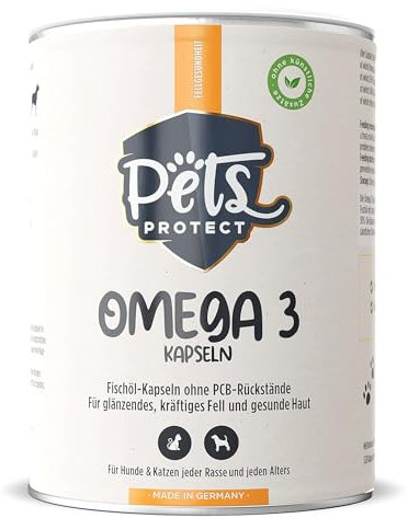 Omega-3 Kapseln für Hunde & Katzen | HOCHDOSIERT mit 1.000mg reinem Fischöl pro Kapsel | Sehr hoher Gehalt an EPA & DHA Fettsäuren | PCB-frei | Ohne Zusätze | 120 Kapseln | Deutsche Herstellung