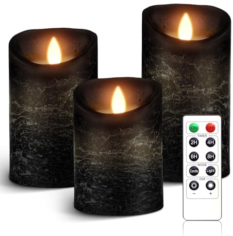 AnnSpa 3 set Flamlösa LED-ljus batteridrivna med fjärrkontroll, riktigt flimrande vax flimrande ljusveke gult bärnstensgult ljus, icke-doftande vax för gåva och dekoration - svart