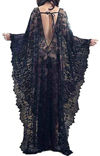 LeofL Camisón largo de encaje para mujer, estilo caftán, para playa, para cubrir el traje de baño, B Negro, Taille unique